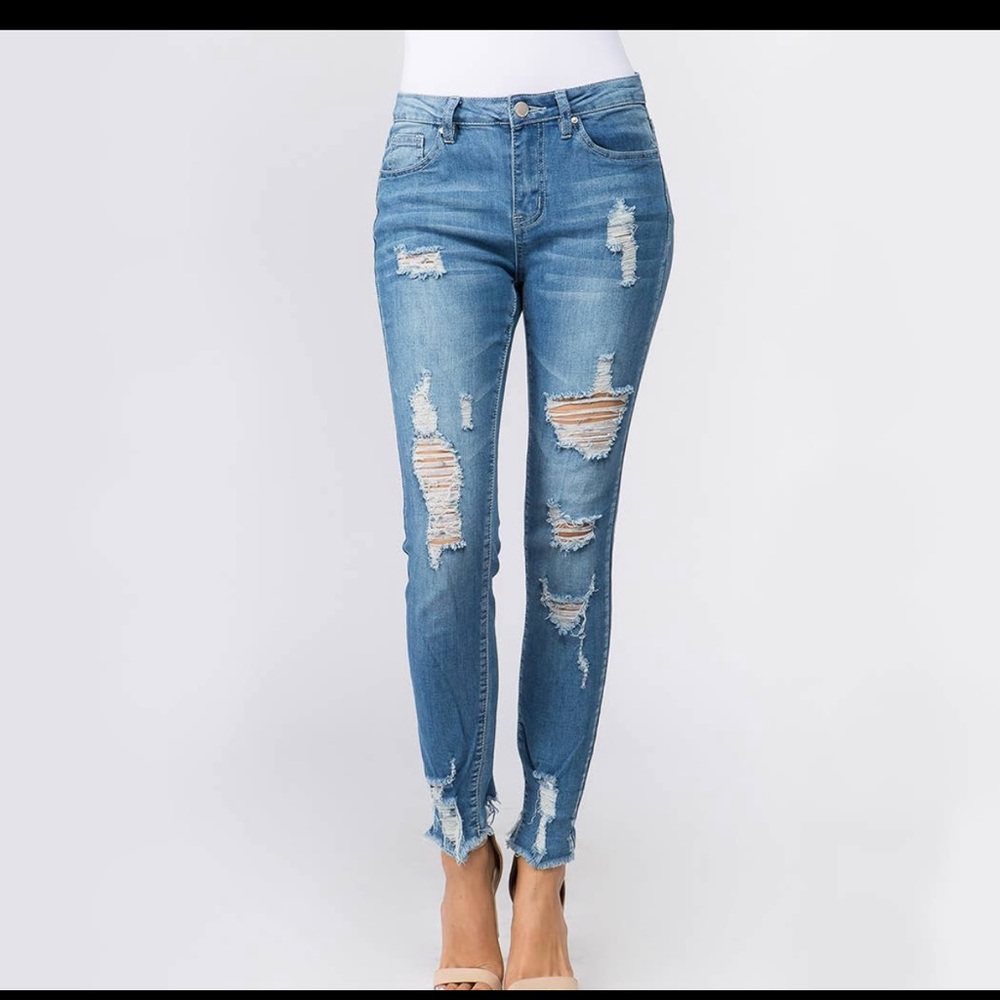 Mid Waist Distressed Denim Jeans
